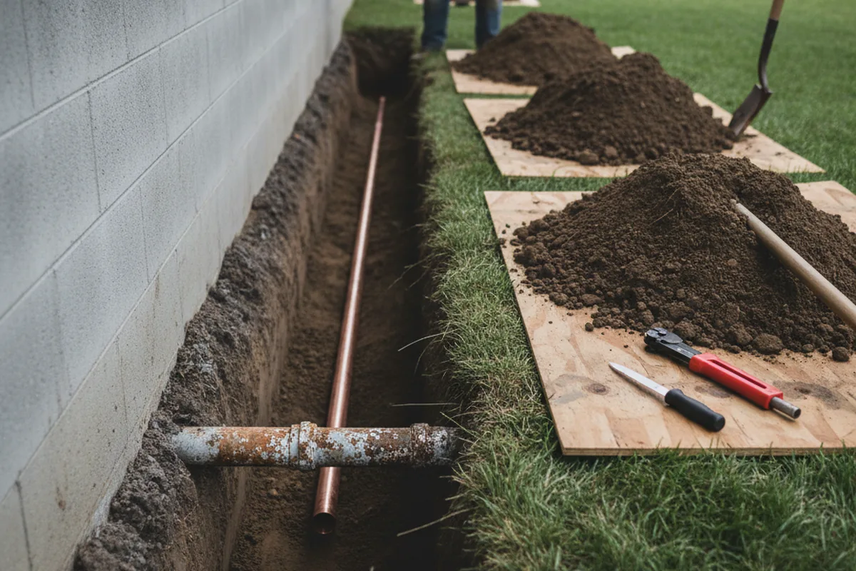 Excavated water line trench during Water Heater Repair in Ghent